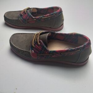 Jack Roger's men top slider boat plaid Easton Olive Brown size 7 .